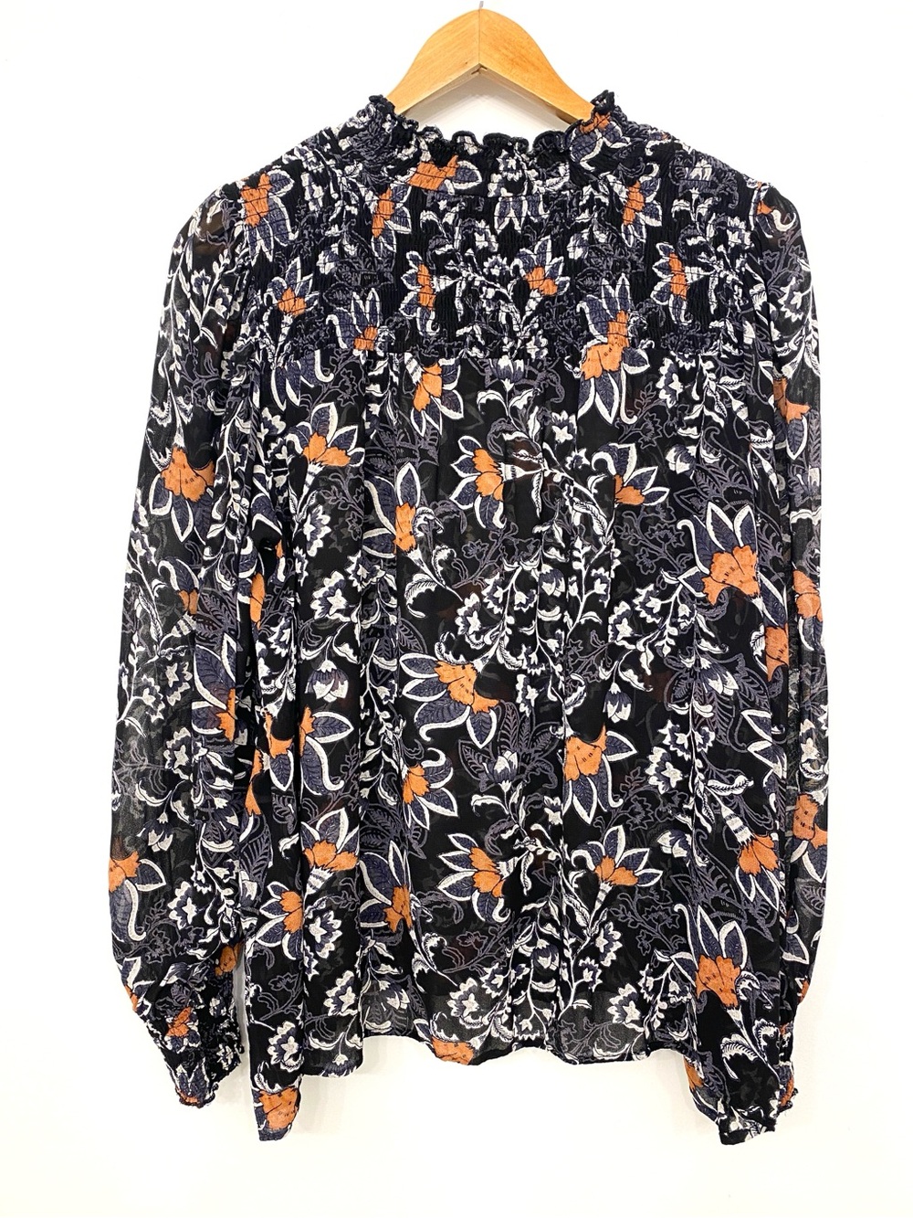 B. Copenhagen Floral Smocked Neck Sheer Blouse Black Burnt Apricot Paisley US M - Picture 3 of 14